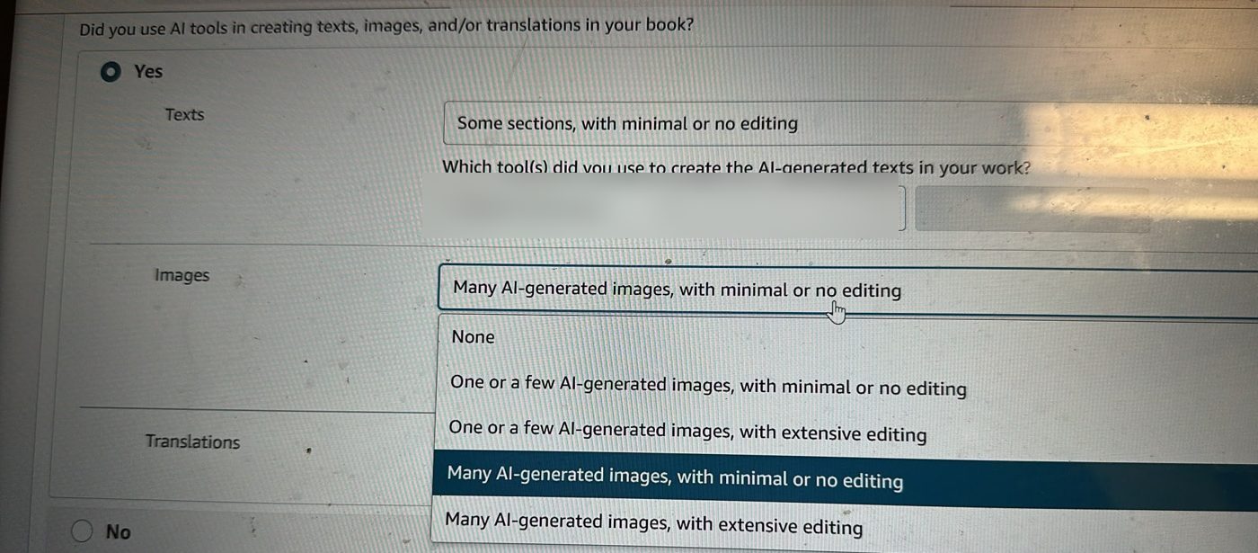 Amazon KDP form with the images dropdown open, from None to Many AI-generated images with extensive editing, and a field naming the AI tool used