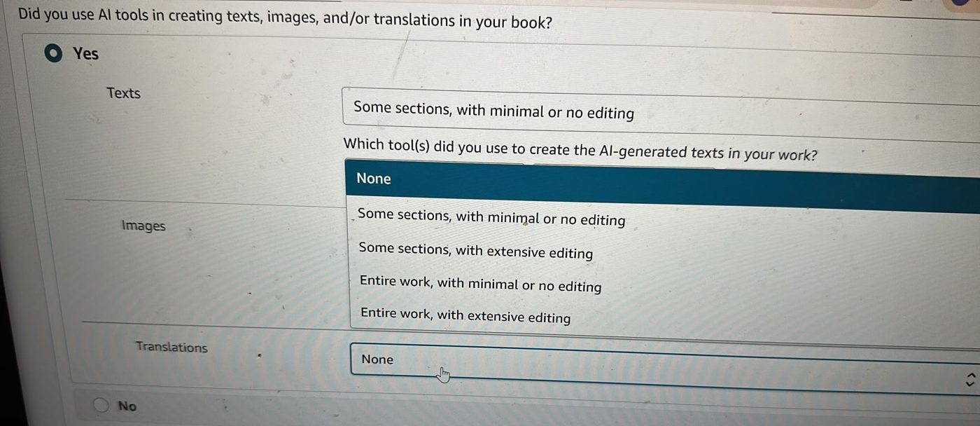 Amazon KDP form asking whether AI tools were used for texts, images or translations, with text options from None to Entire work with extensive editing